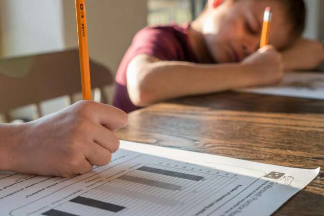 Crop unrecognizable schoolkid with pencil in hand writing on paper sheet with diagrams while sitting at table with brother and doing homework