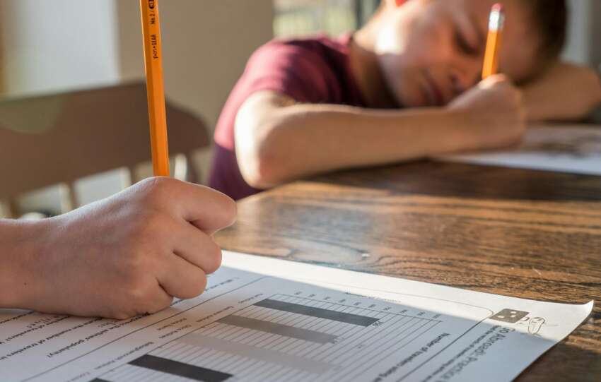 Crop unrecognizable schoolkid with pencil in hand writing on paper sheet with diagrams while sitting at table with brother and doing homework