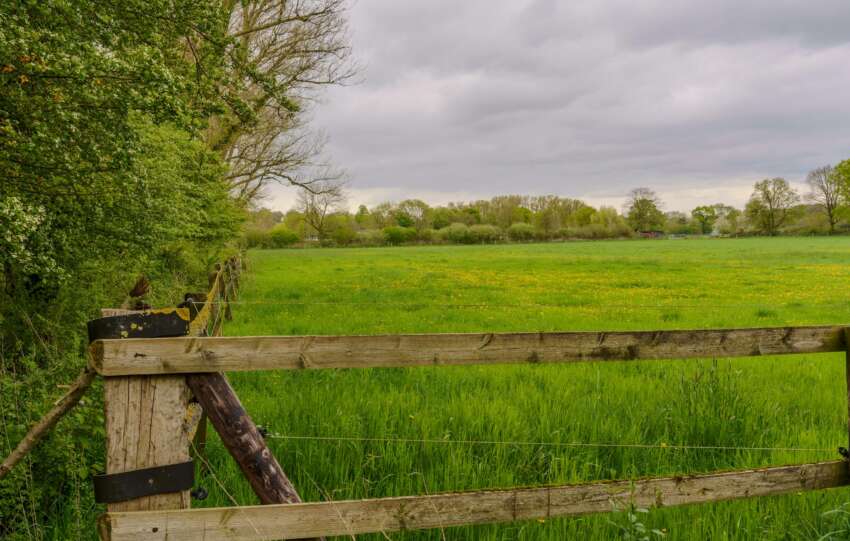 A peaceful green meadow and rustic wooden fence under a cloudy spring sky.