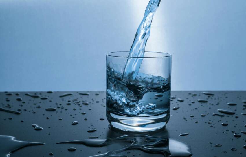 High-quality image of water being poured into a glass, illustrating hydration and purity.