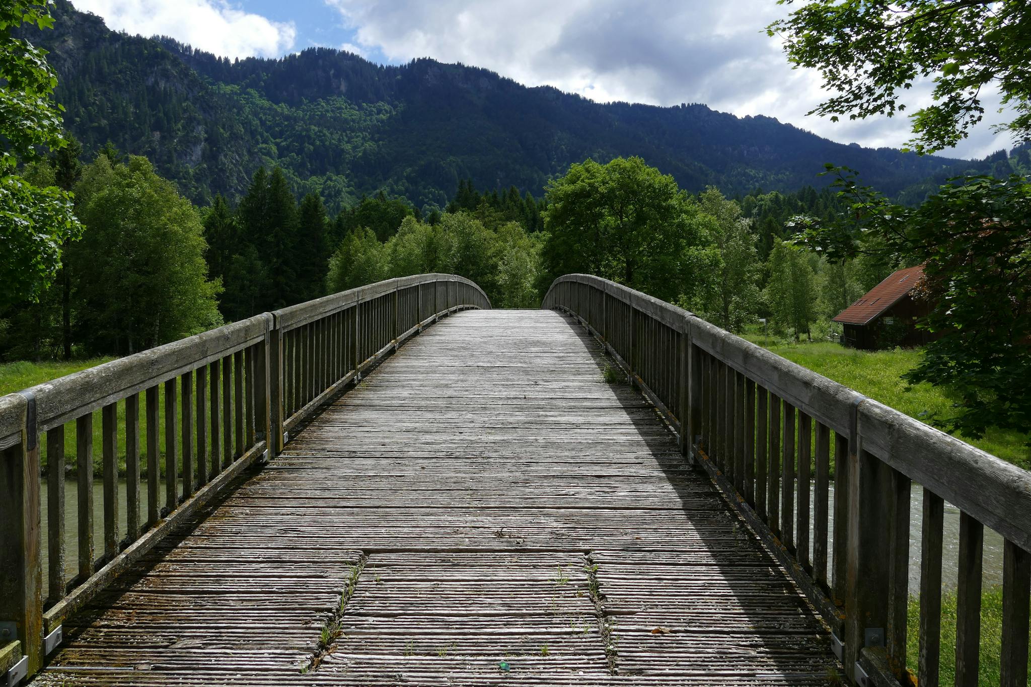 A serene wooden bridge amidst lush greenery and mountains, perfect for a peaceful nature walk.