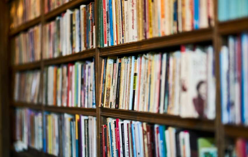 A detailed close-up view of a bookshelf in a library, showcasing various books.