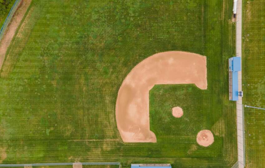 Drone shot of a baseball field in Menomonie, Wisconsin with visible boundaries.