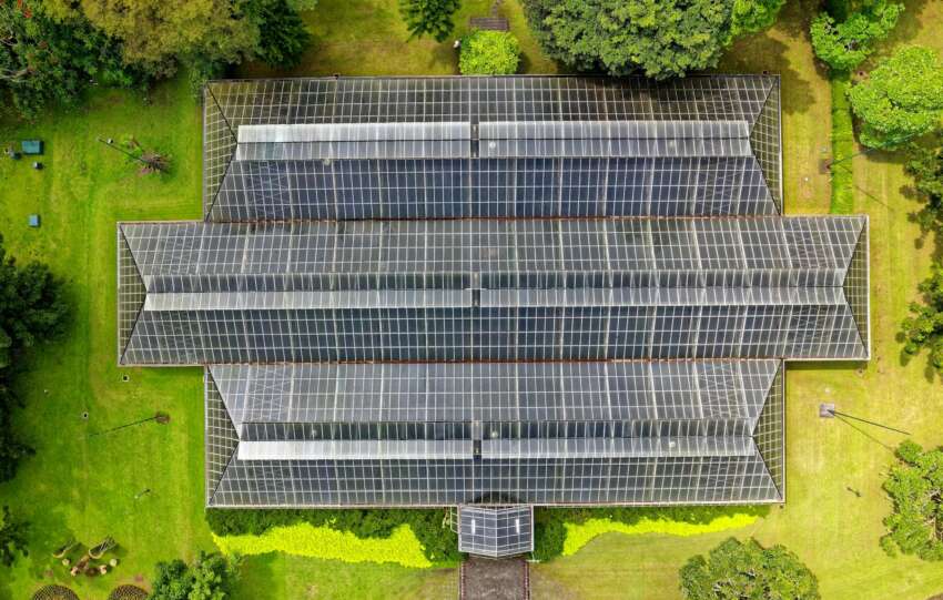 Top-down view of a modern greenhouse surrounded by lush greenery in Indonesia.