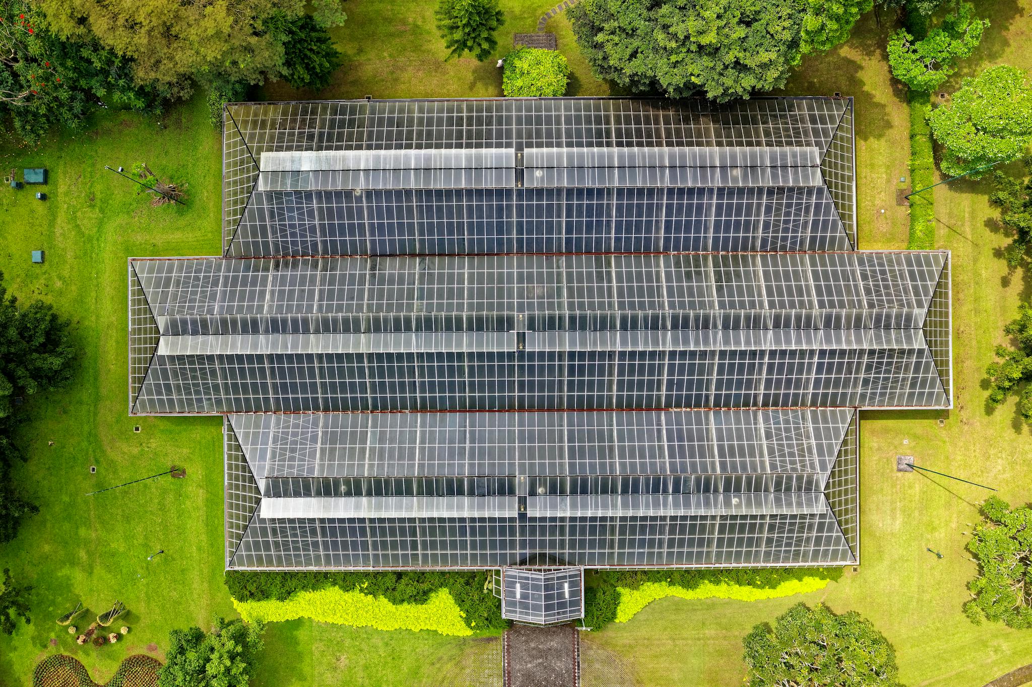 Top-down view of a modern greenhouse surrounded by lush greenery in Indonesia.