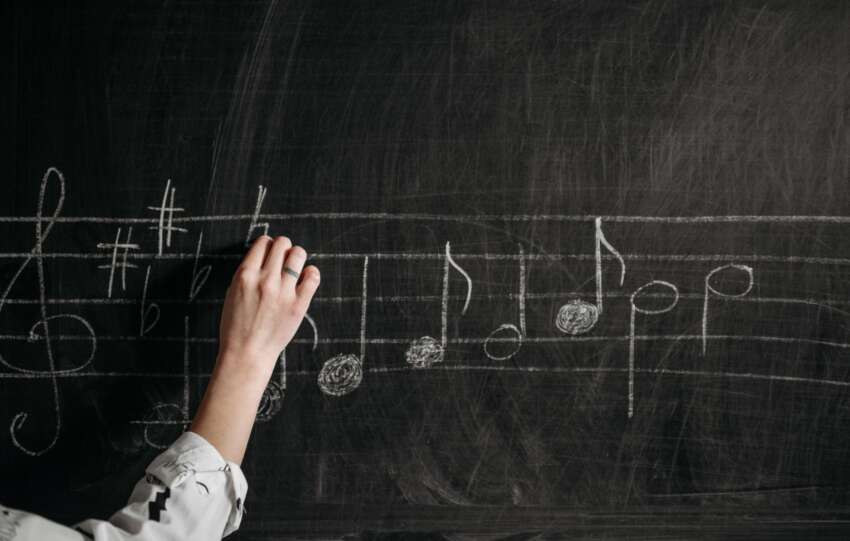 A person writing musical notes on a blackboard with chalk indoors.