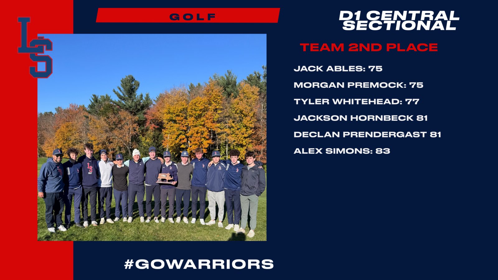 L-S golf team photo. D1 Central Sectional, team 2nd place: Jack Ables 75, Morgan Premock 75, Tyler Whitehead 77, Jackson Hornbeck 81, Declan Prendergast 81, Alex Simons 83.
